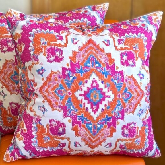 Set/2 Vibrant Pink & Orange Persian Design Outdoor Patio Pillow Cushion Covers - Picture 1 of 4